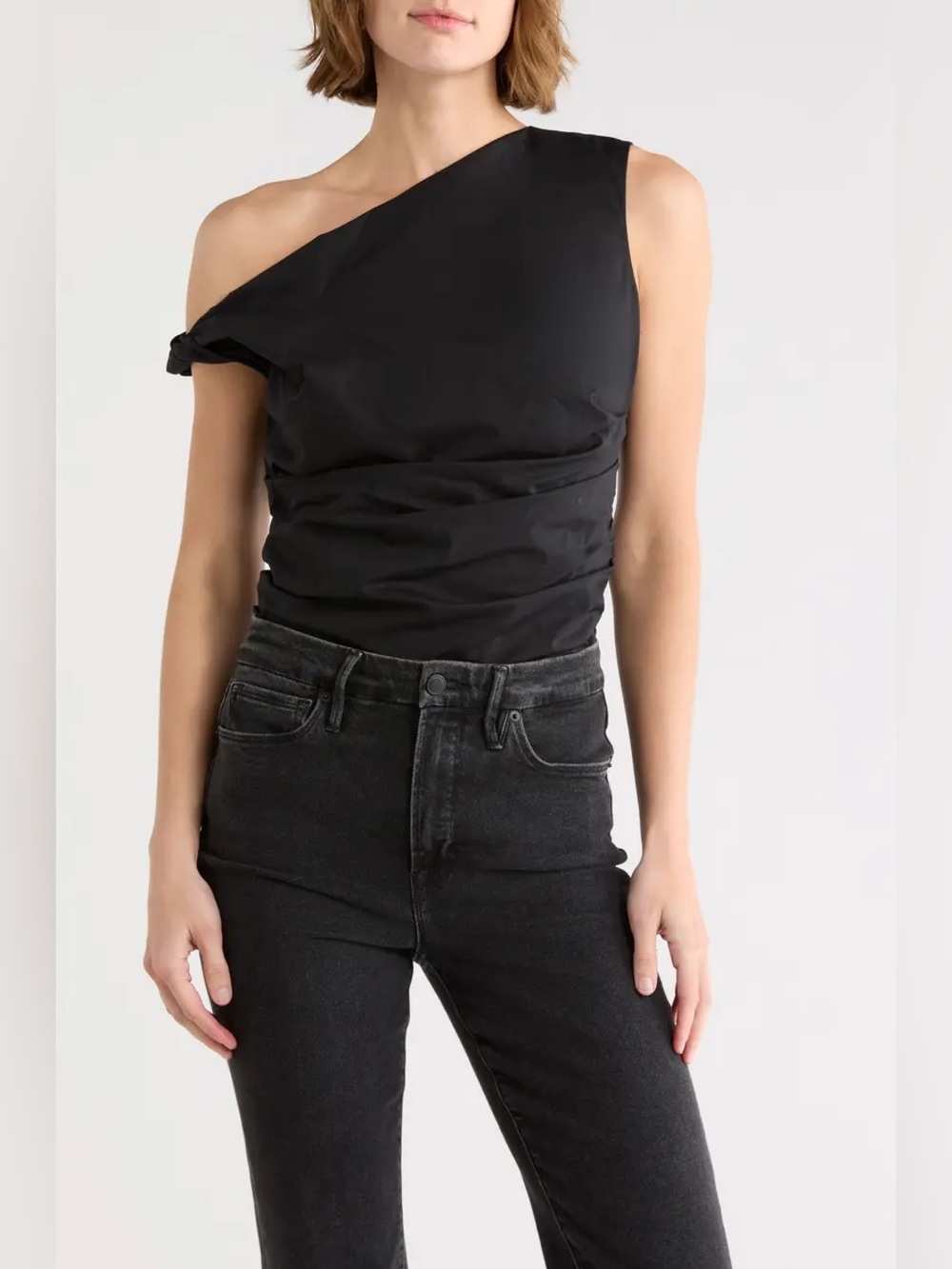 Good American One-Shoulder Poplin Top in Black.  Size Large